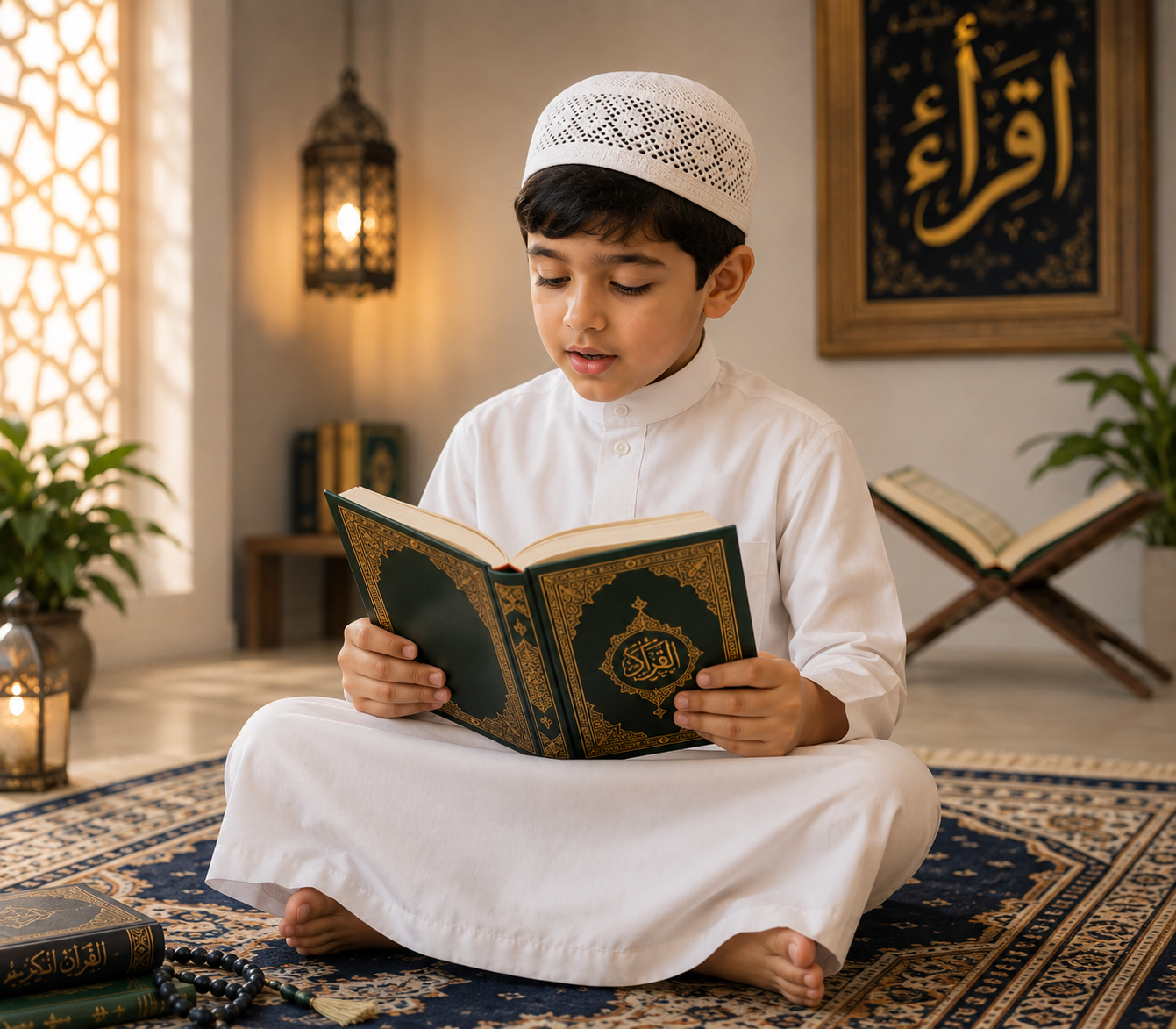 طفل يحفظ القرآن الكريم مع أكاديمية إقرأ