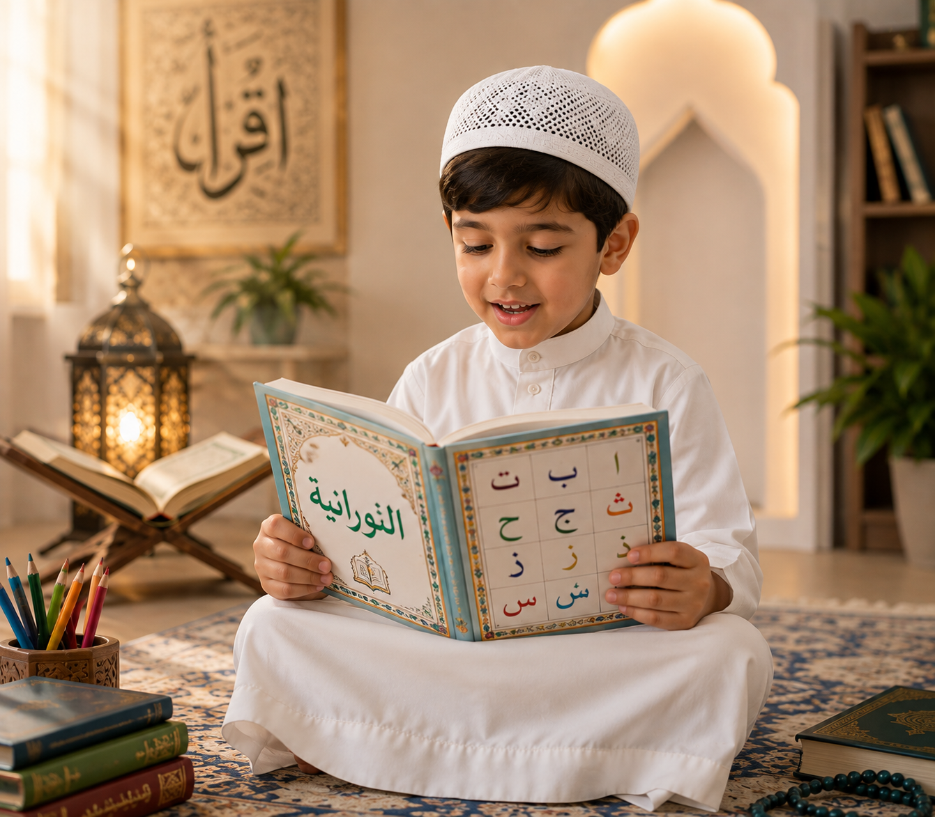 طفل يتعلم القاعدة النورانية مع أكاديمية إقرأ